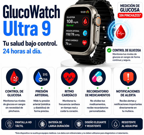 GlucoWatch Ultra 9 ⌚️: Controla Glucosa, Ritmo Cardíaco y Presión Arterial (5 segundos / 99% de exactitud)